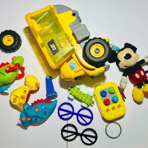 Yellow Construction Toy Set Bundle Mickey Mouse Dinosaur Glasses Tool Cat lot